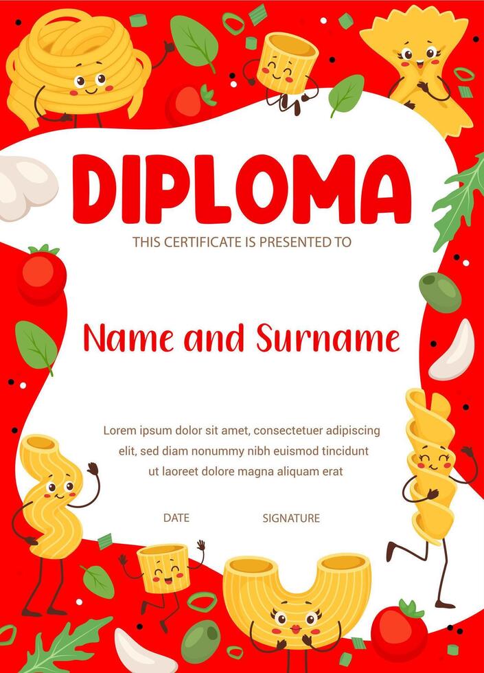 Kids diploma of cook with italian pasta characters vector