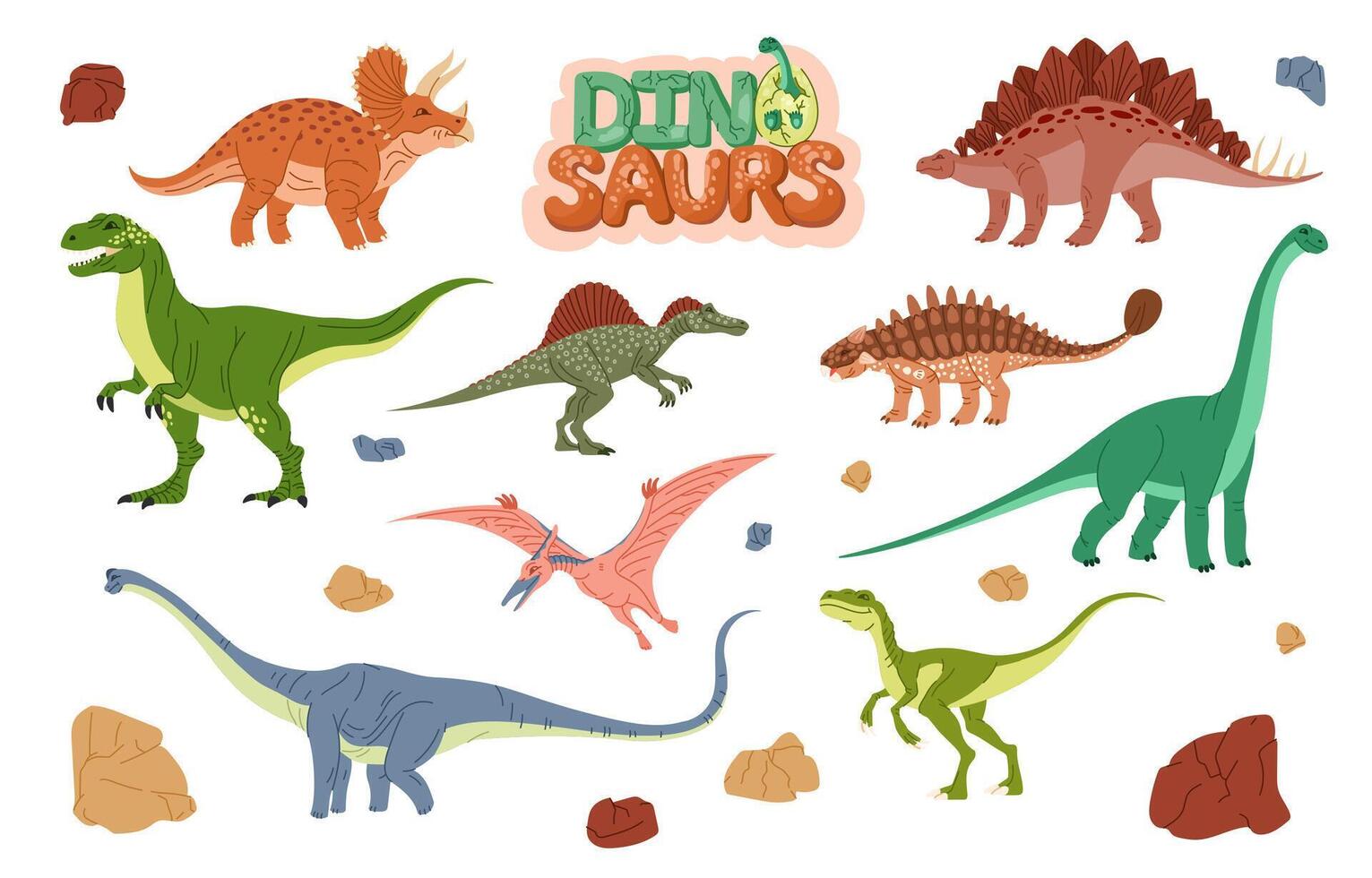 Cartoon dinosaur characters and dino eggs vector