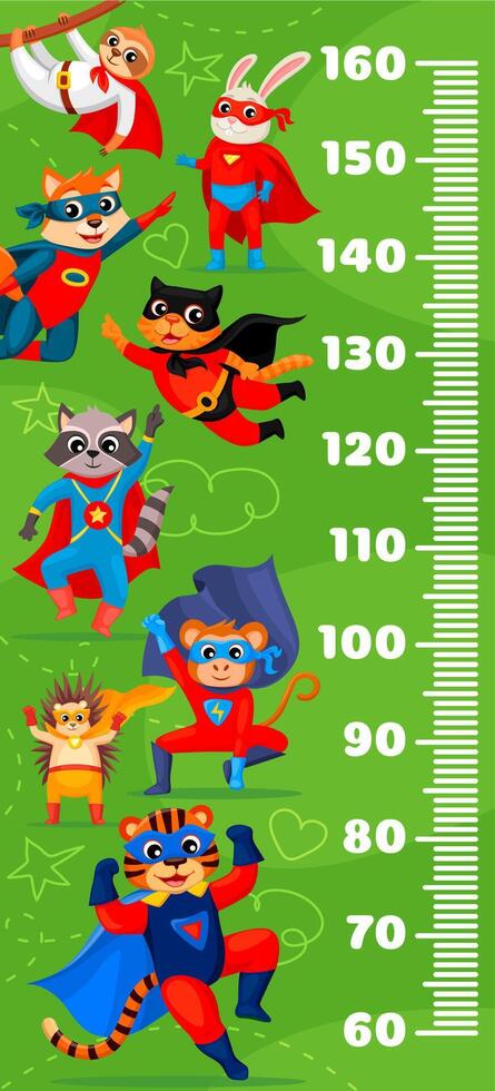 Kids height chart with superhero cartoon animals vector