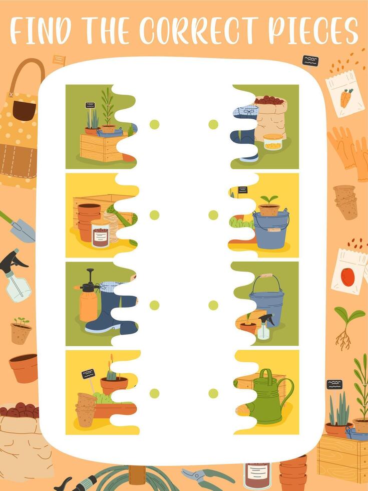 Find the correct half of farm and gardening tools vector