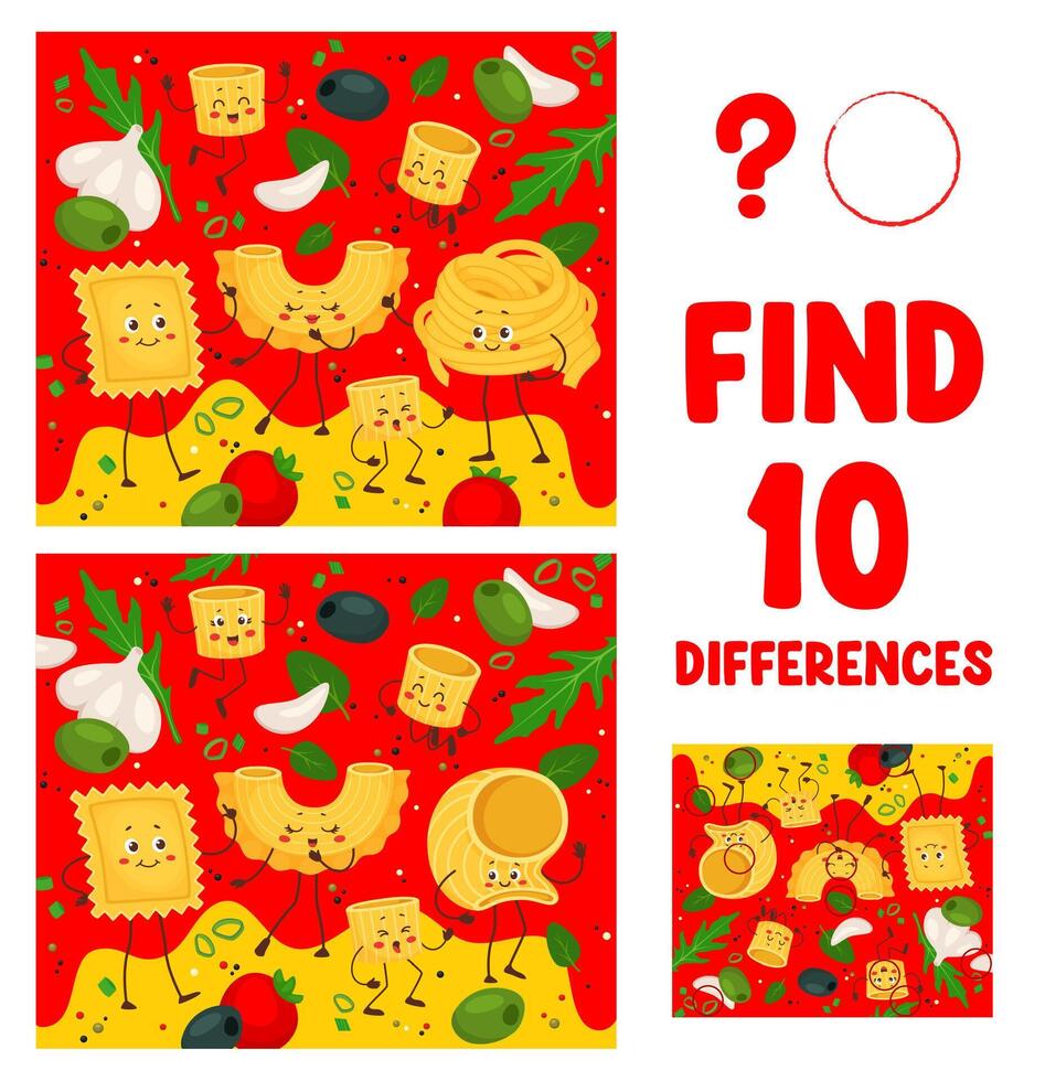 Find differences game, italian pasta characters vector