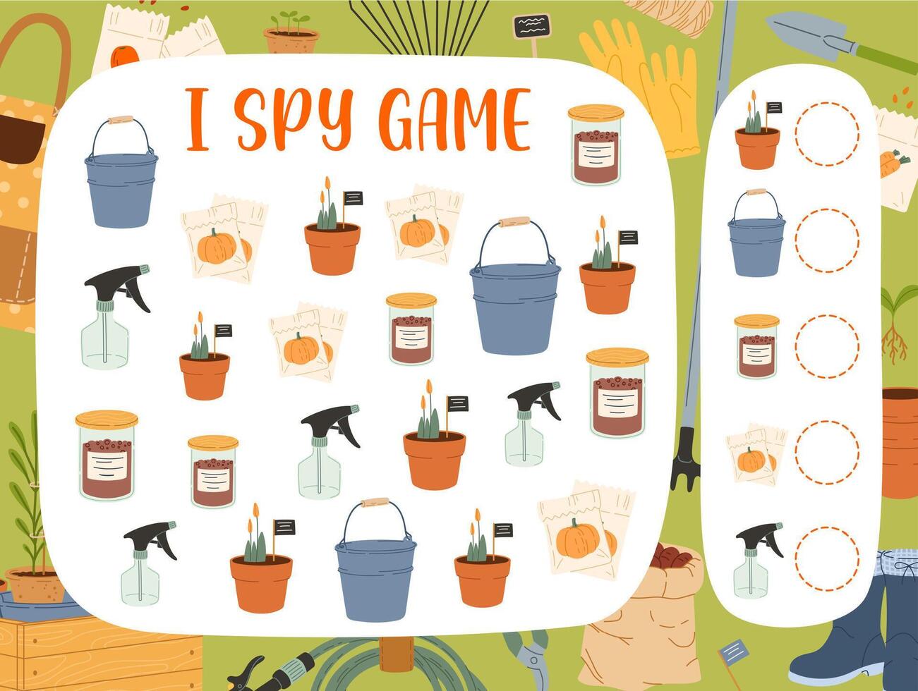 I spy game. Farm and gardening tools brain puzzle vector