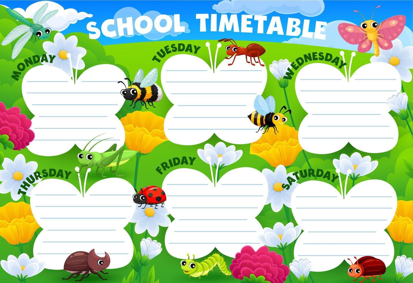 Timetable schedule with cartoon insect characters vector