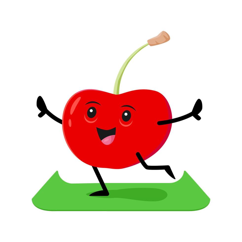Cartoon cherry berry character standing on mat vector