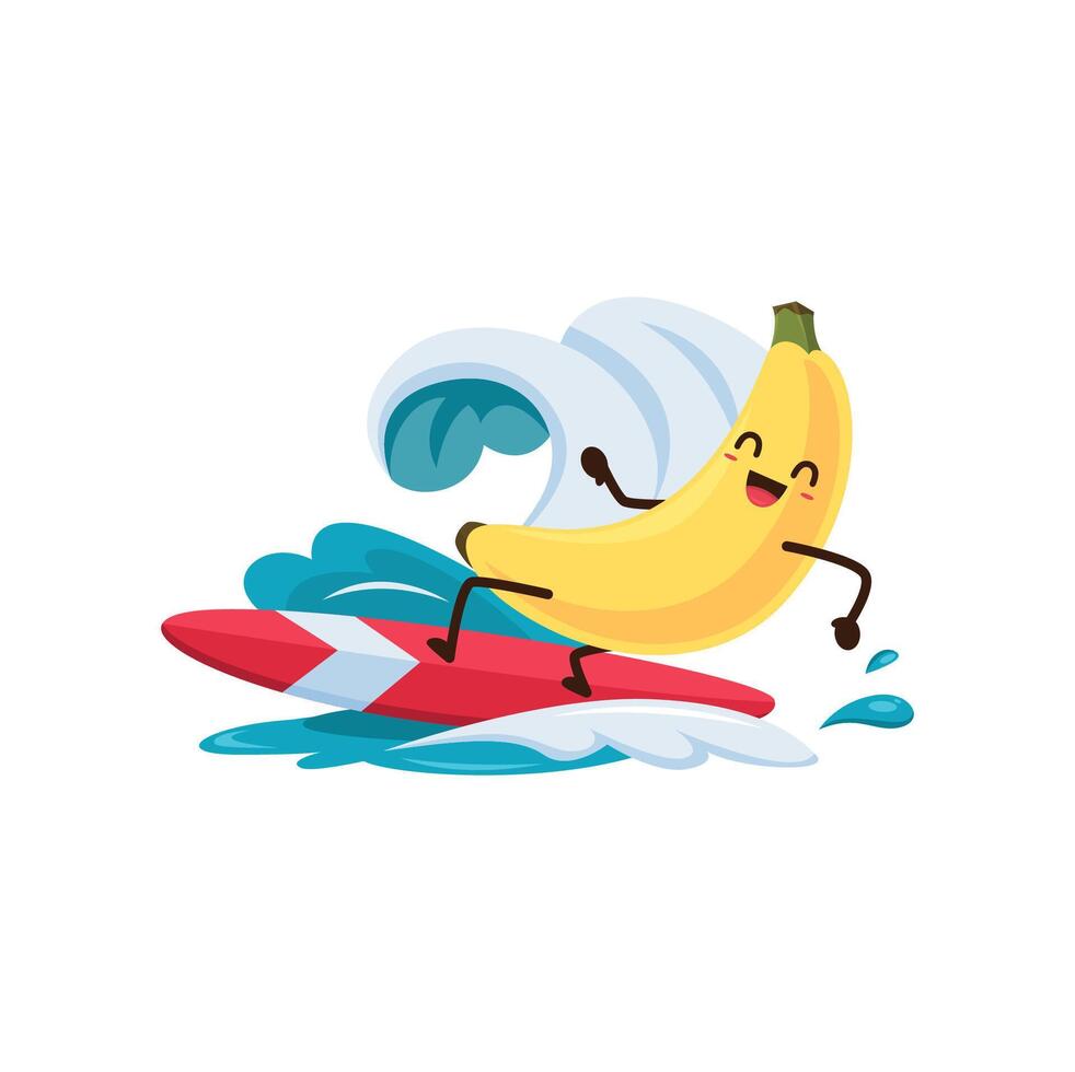 Cartoon banana fruit surfer on summer beach relax vector