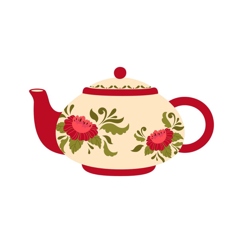 Kitchenware crockery, ceramic floral print teapot vector