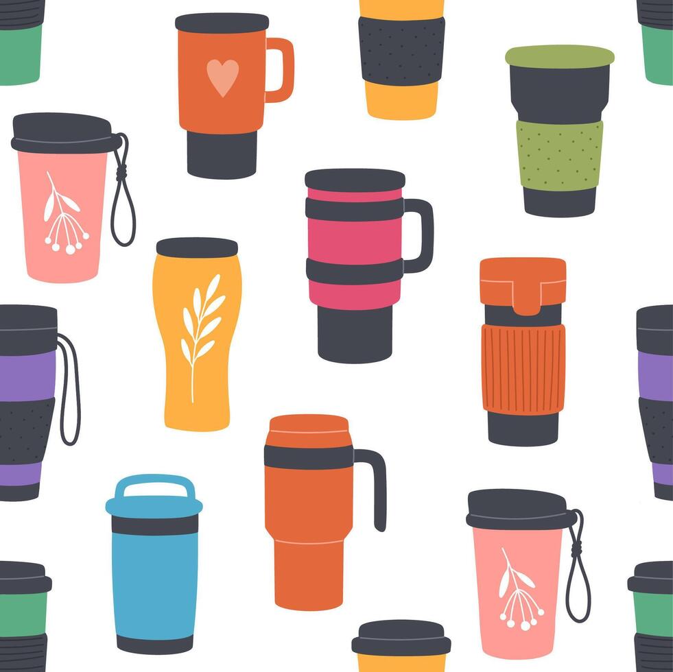 Reusable thermo mugs and tumblers seamless pattern vector