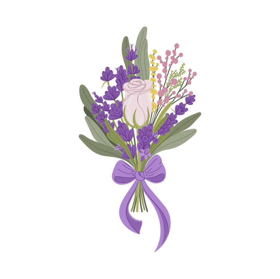Lavender and rose flower bouquet bunch with ribbon vector