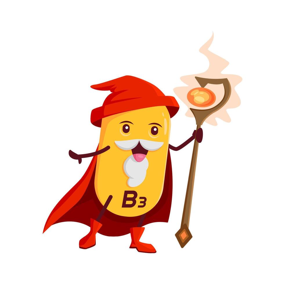 Cartoon vitamin B3 wizard character, niacin vector