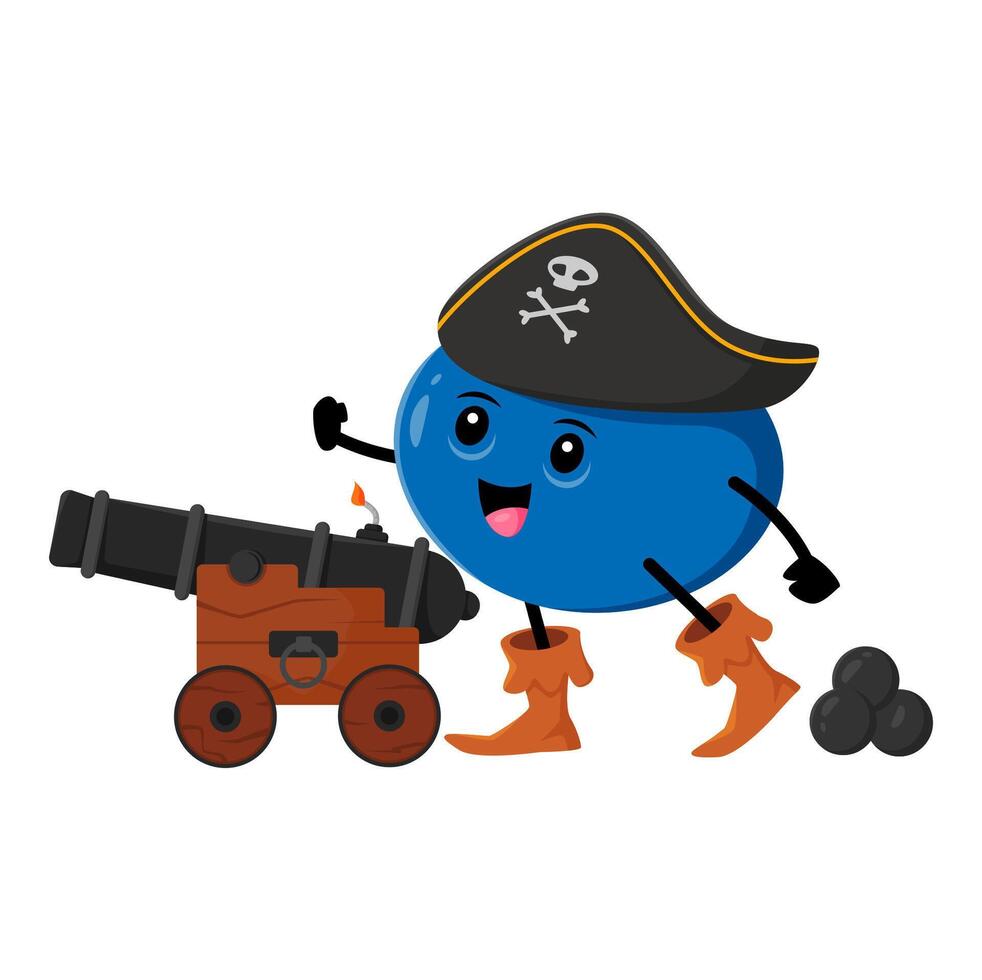 Cartoon blueberry corsair character with cannon vector