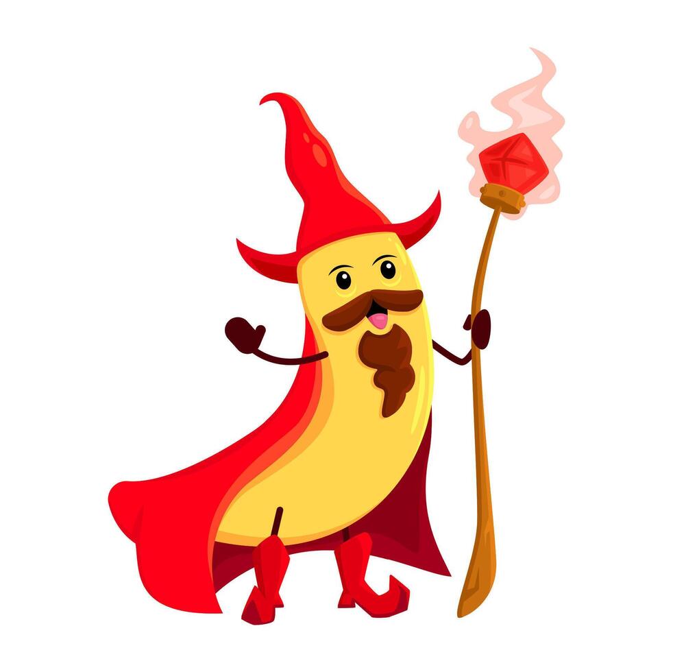 Cartoon banana fruit wizard or magician character vector