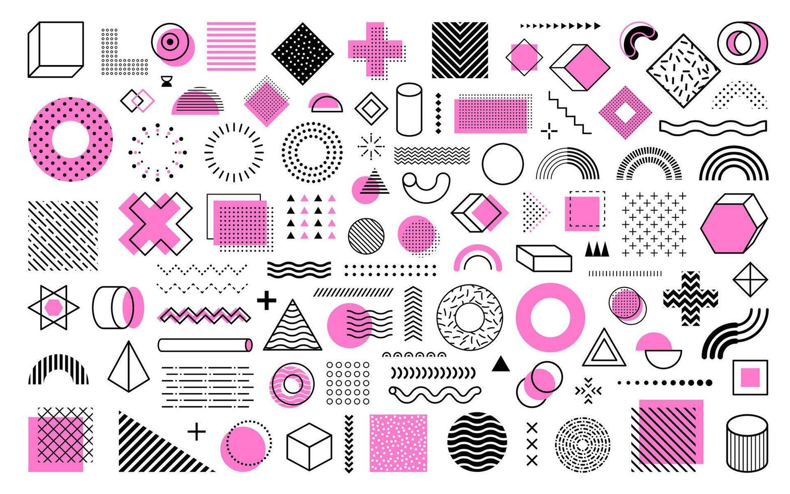 Memphis geometric shapes and patterns elements set vector