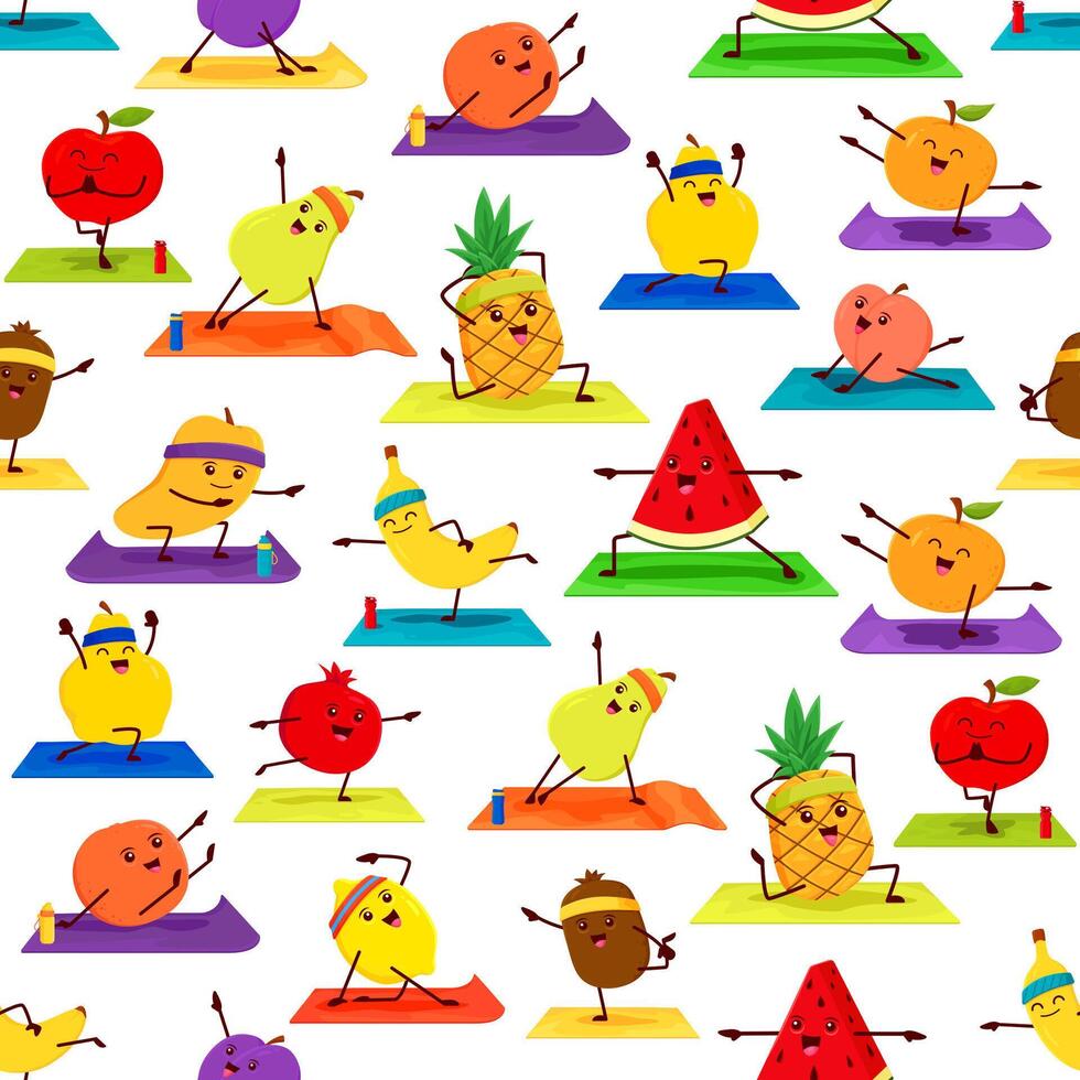 Fruit characters on yoga seamless tiled pattern vector