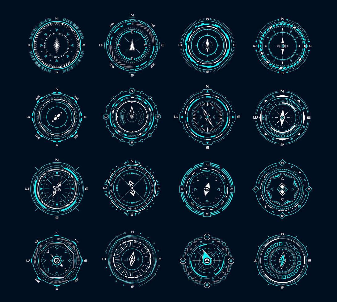 HUD compass, futuristic set of round aiming vector
