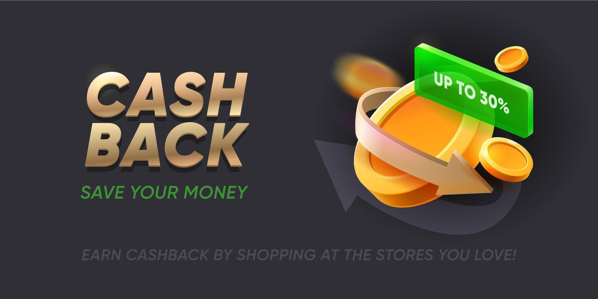 Cashback banner with coins and arrows, vector