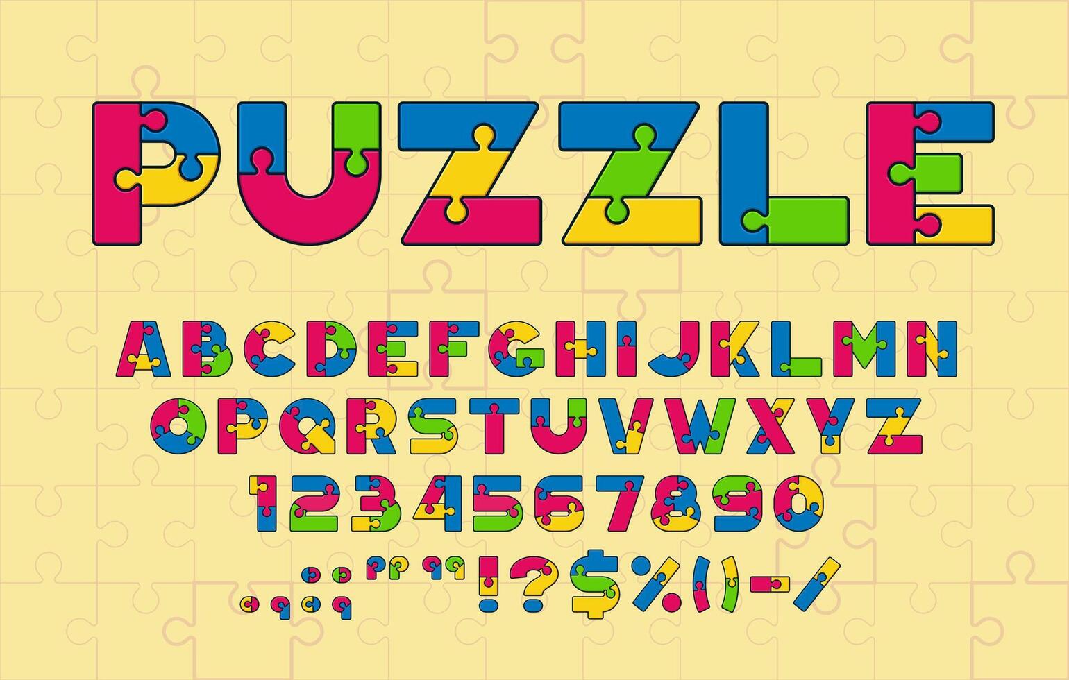Puzzle font or type, jigsaw typeface alphabet vector