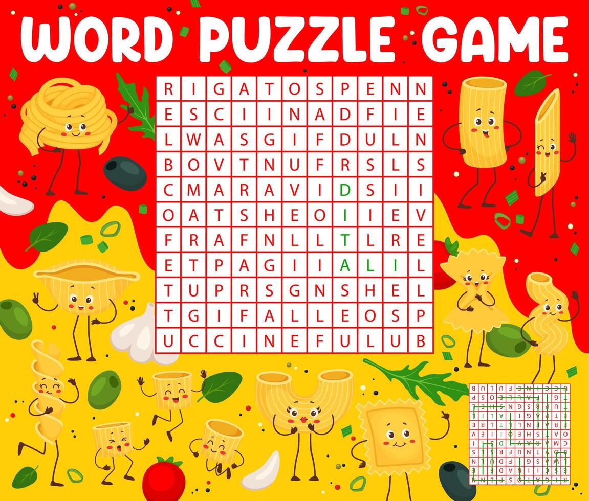 Word search puzzle game with cartoon italian pasta vector