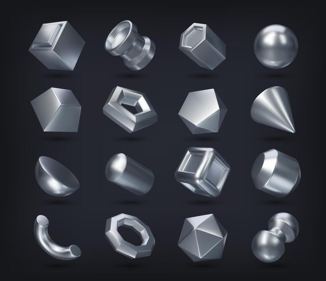 3D silver geometric shapes, glossy metal figures vector