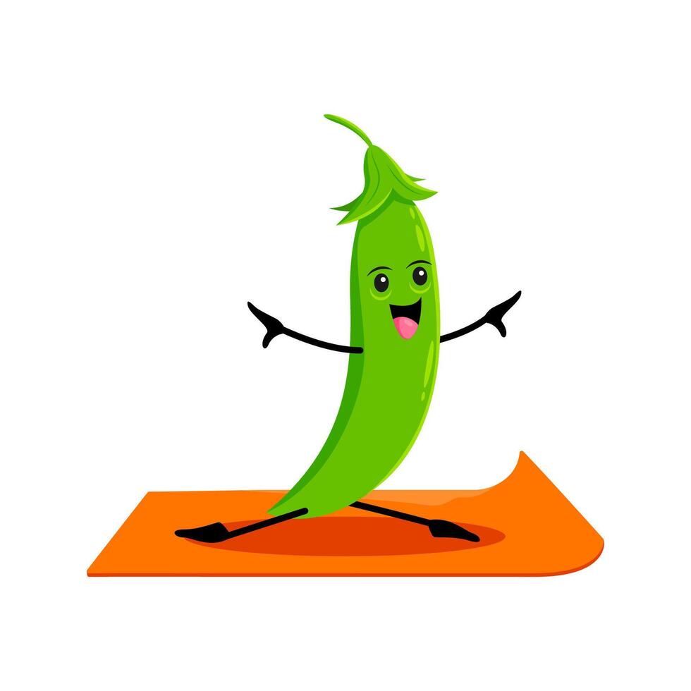 Cartoon green pea funny bean pod character on yoga vector