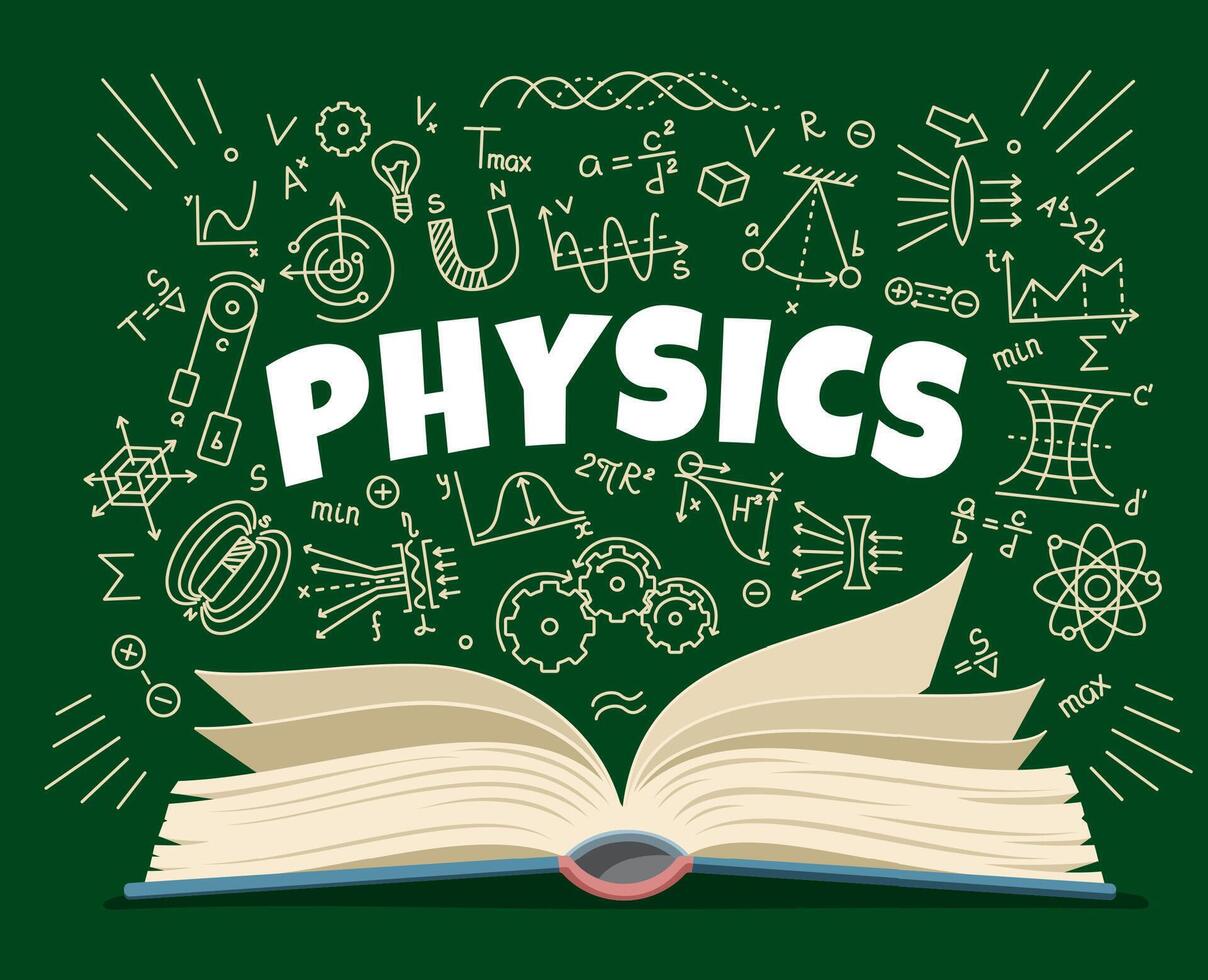 Physics textbook and formulas on school board vector