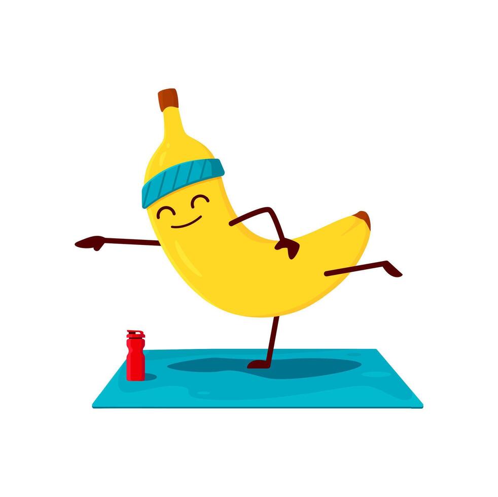 Cartoon funny banana character on yoga or pilates vector