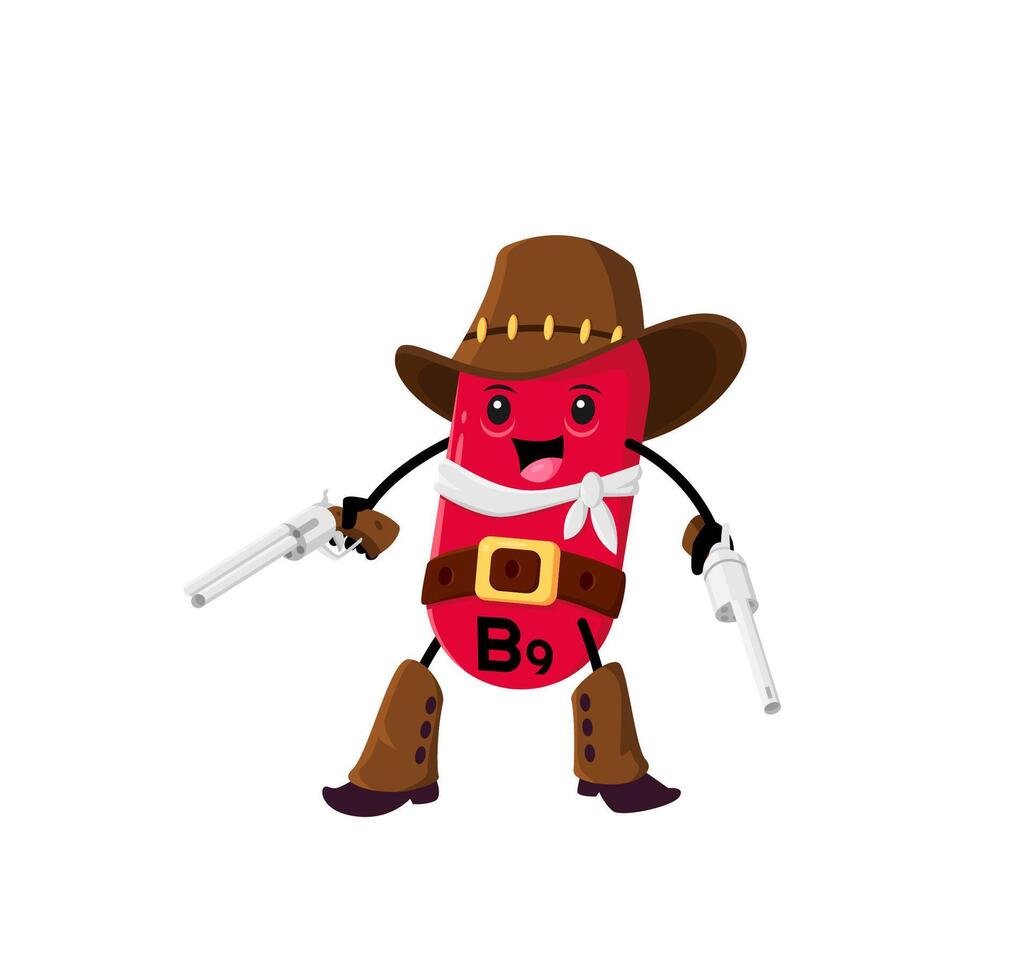 Cartoon vitamin B9, Wild West cowboy character vector