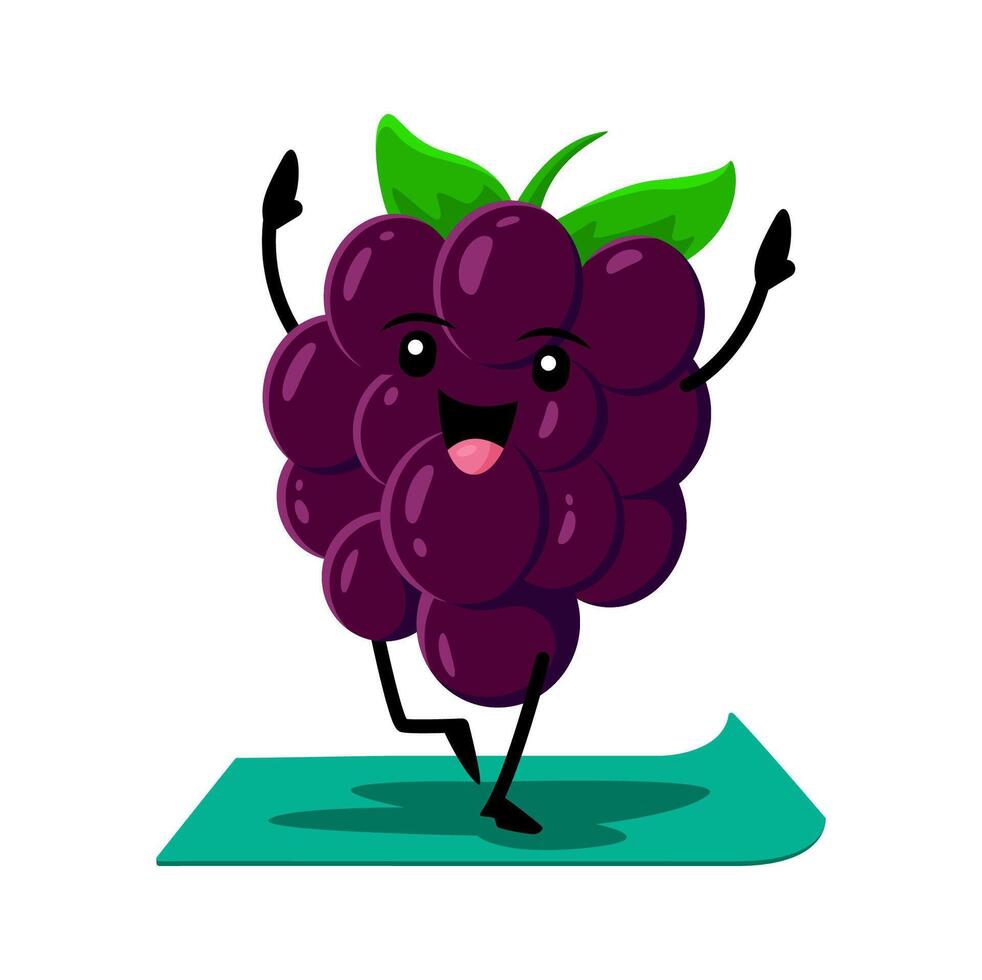 Cartoon happy blackberry berry character on yoga vector