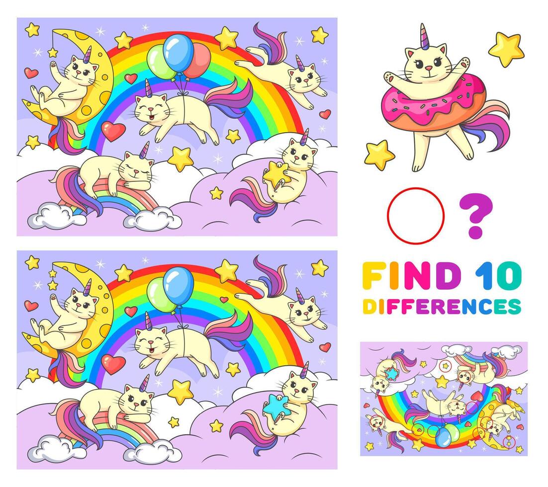 Find ten differences game. Cartoon funny caticorns vector