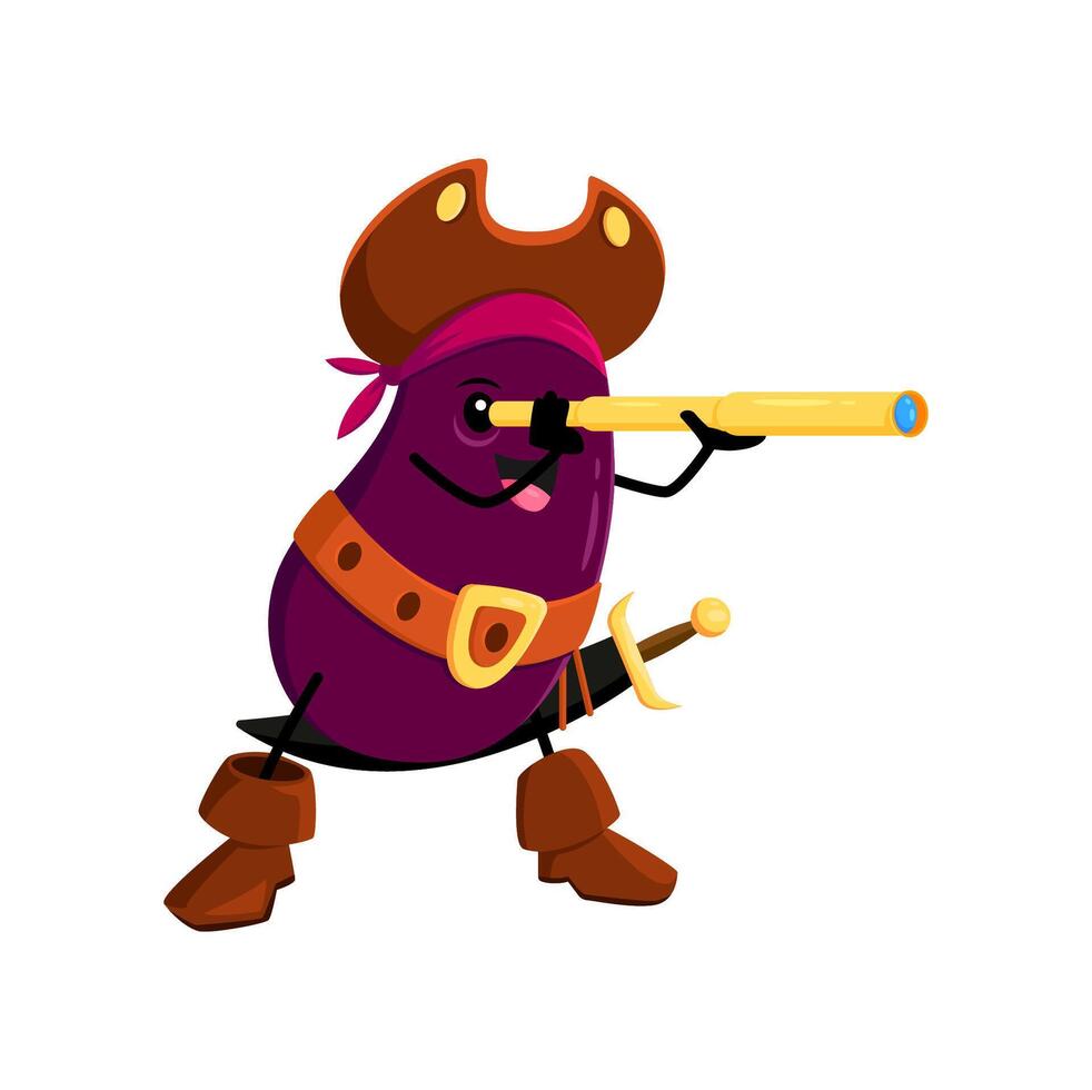 Cartoon eggplant vegetable funny pirate character vector