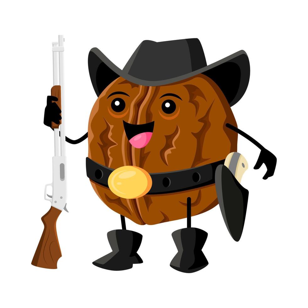 Cartoon walnut nut ranger or cowboy character vector