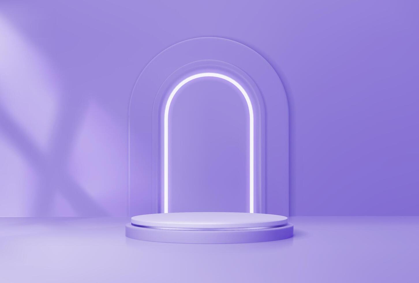Purple podium with arch, realistic platform mockup vector