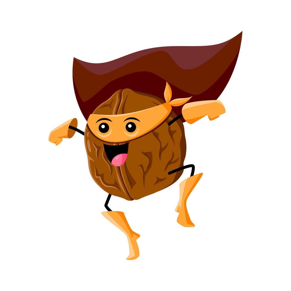 Cartoon walnut nut superhero character in cape vector