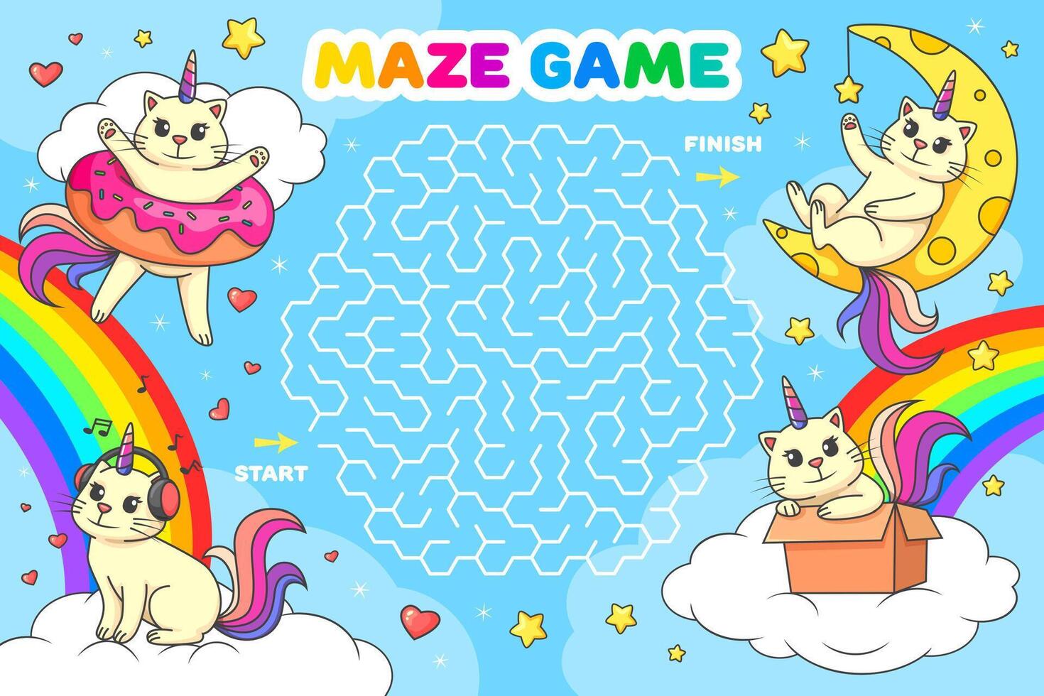 Labyrinth maze with cute caticorn cat on sky vector