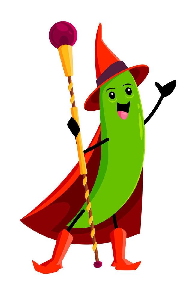 Cartoon bean or green pea pod wizard and sorcerer vector
