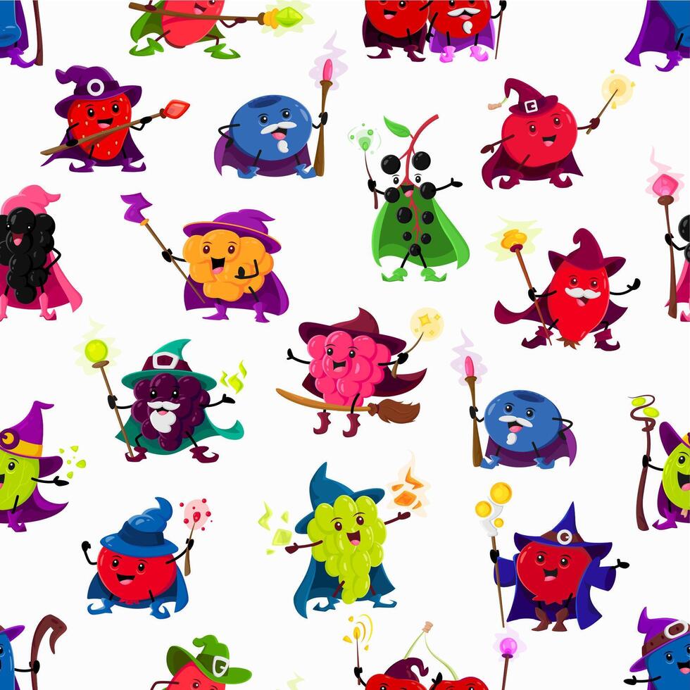 Cartoon berry wizard characters seamless pattern vector