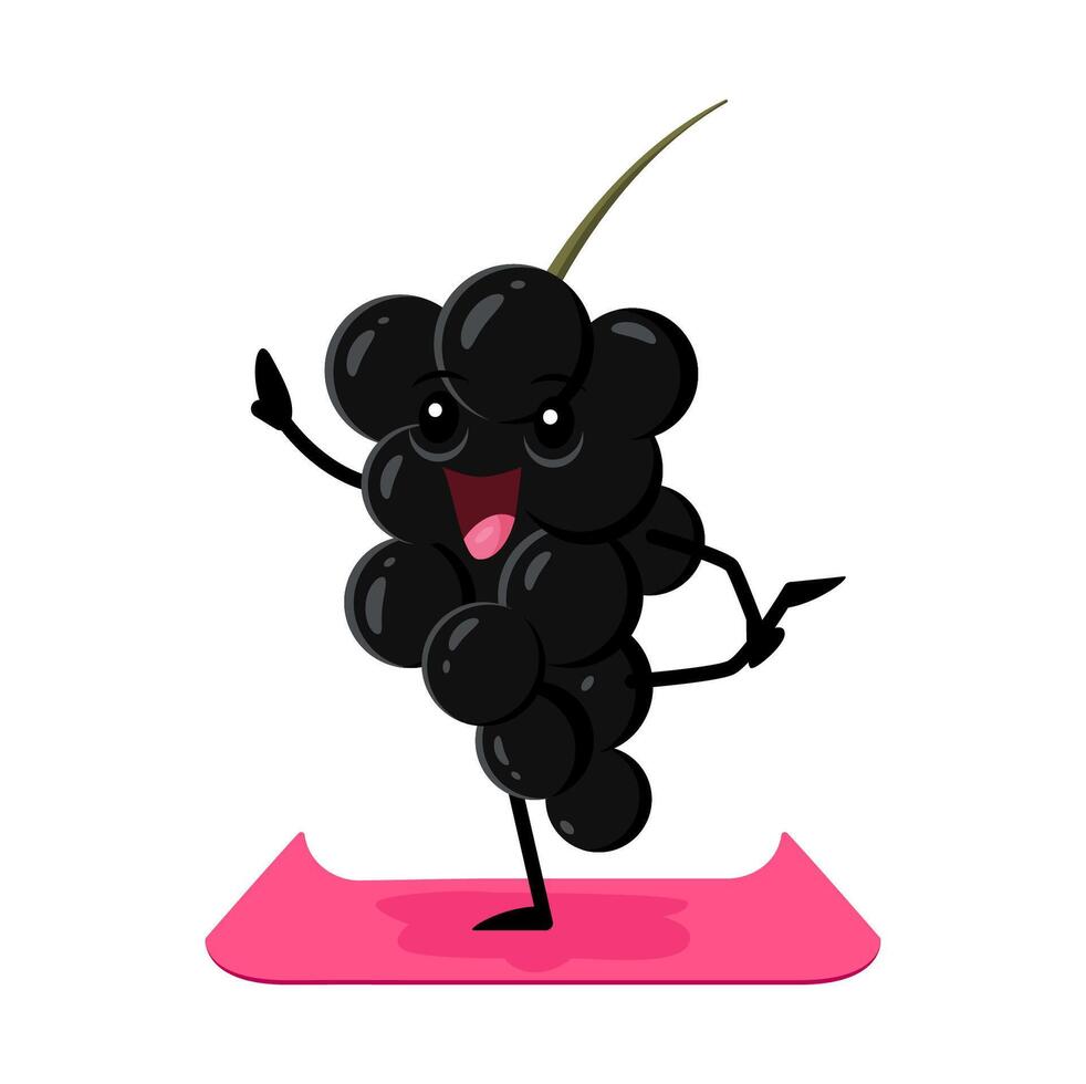 Cartoon funny black currant berry practicing yoga vector