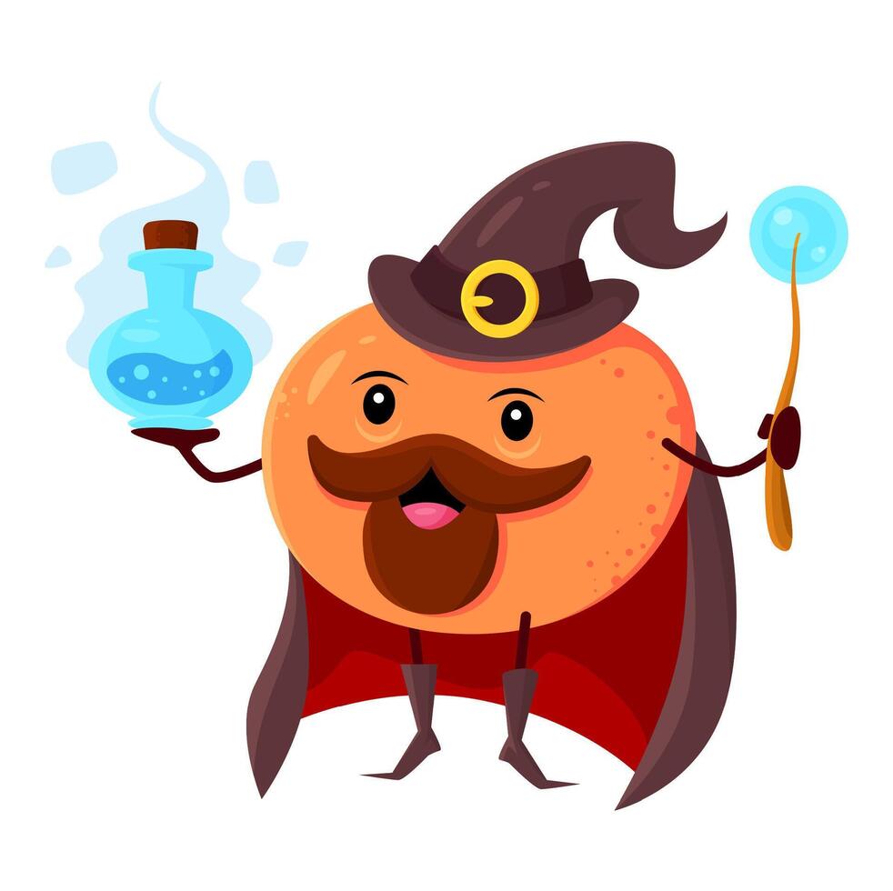 Cartoon orange fruit wizard or mage character vector