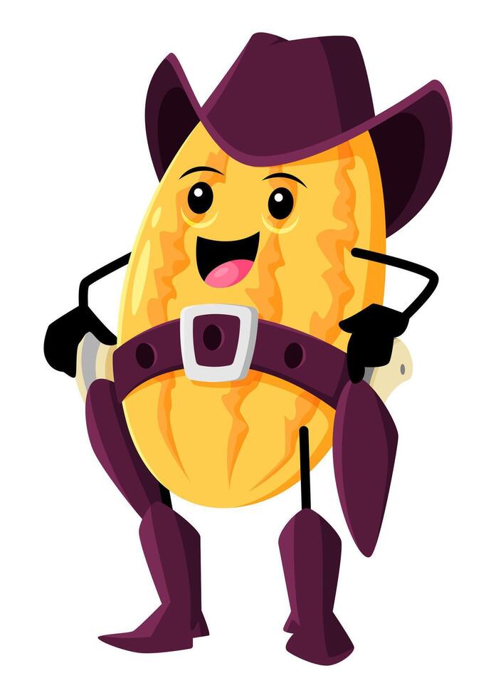 Cartoon cowboy melon character, funny fruit vector