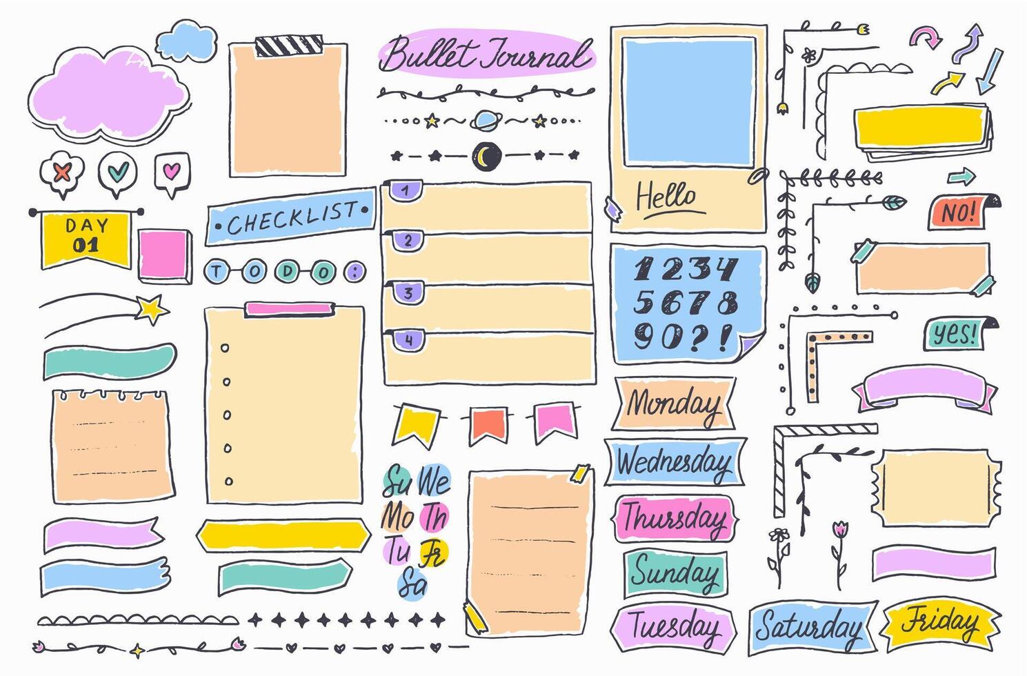 Bullet journal, sketch doodle diary calendar page vector