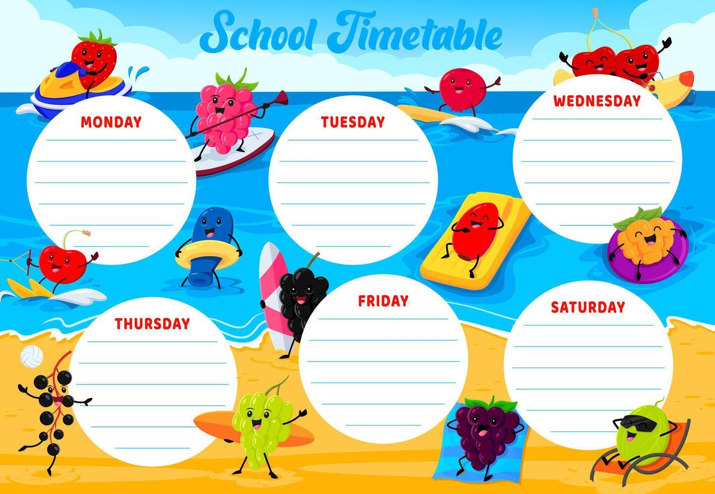 Education timetable with berry characters on beach vector