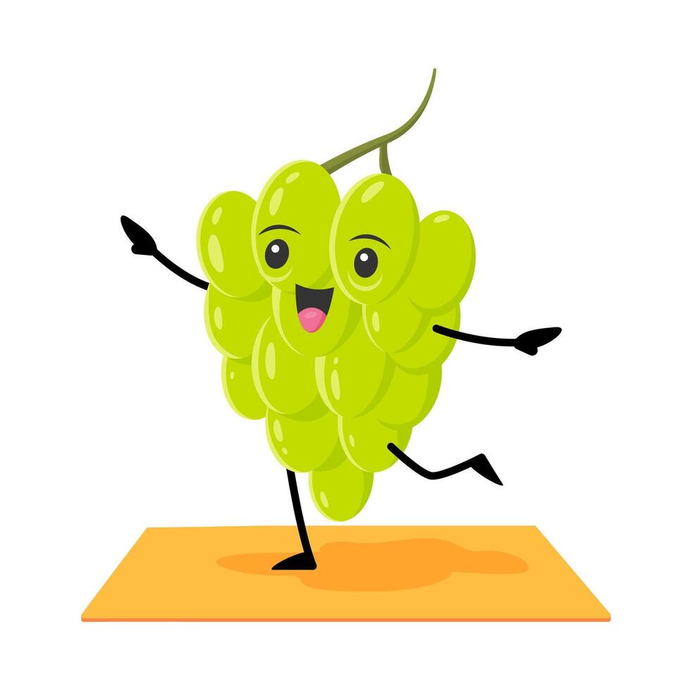 Funny grapes berry character in yoga pose, fitness vector