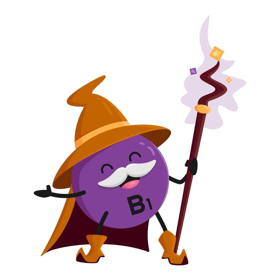 Cartoon vitamin B1 mage character, wizard vector