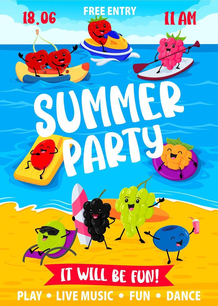 Summer party flyer with cartoon berry characters vector
