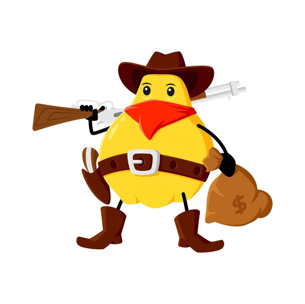 Cartoon quince fruit cowboy, ranger and bandit character. vector