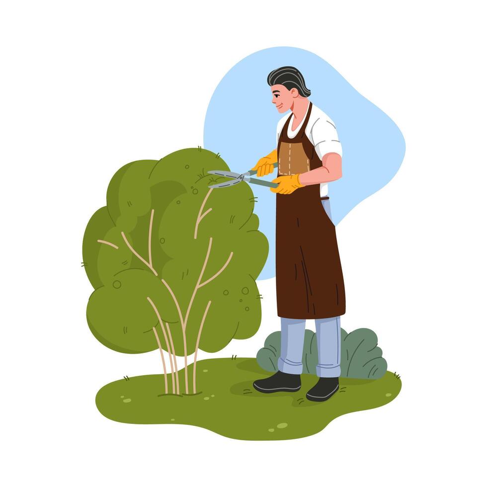 Gardener man character cutting or trimming bush vector