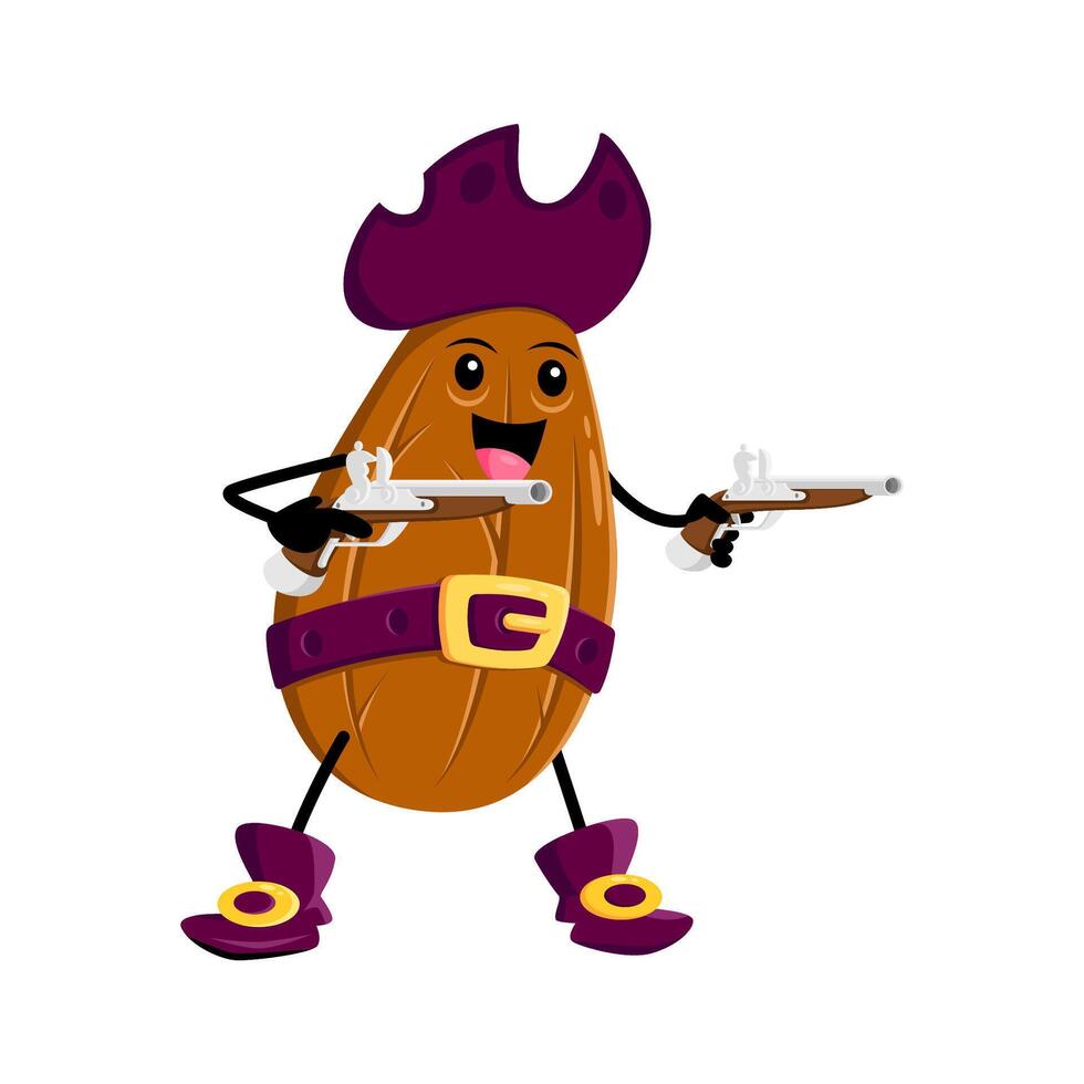 Cartoon almond nut pirate character with guns vector