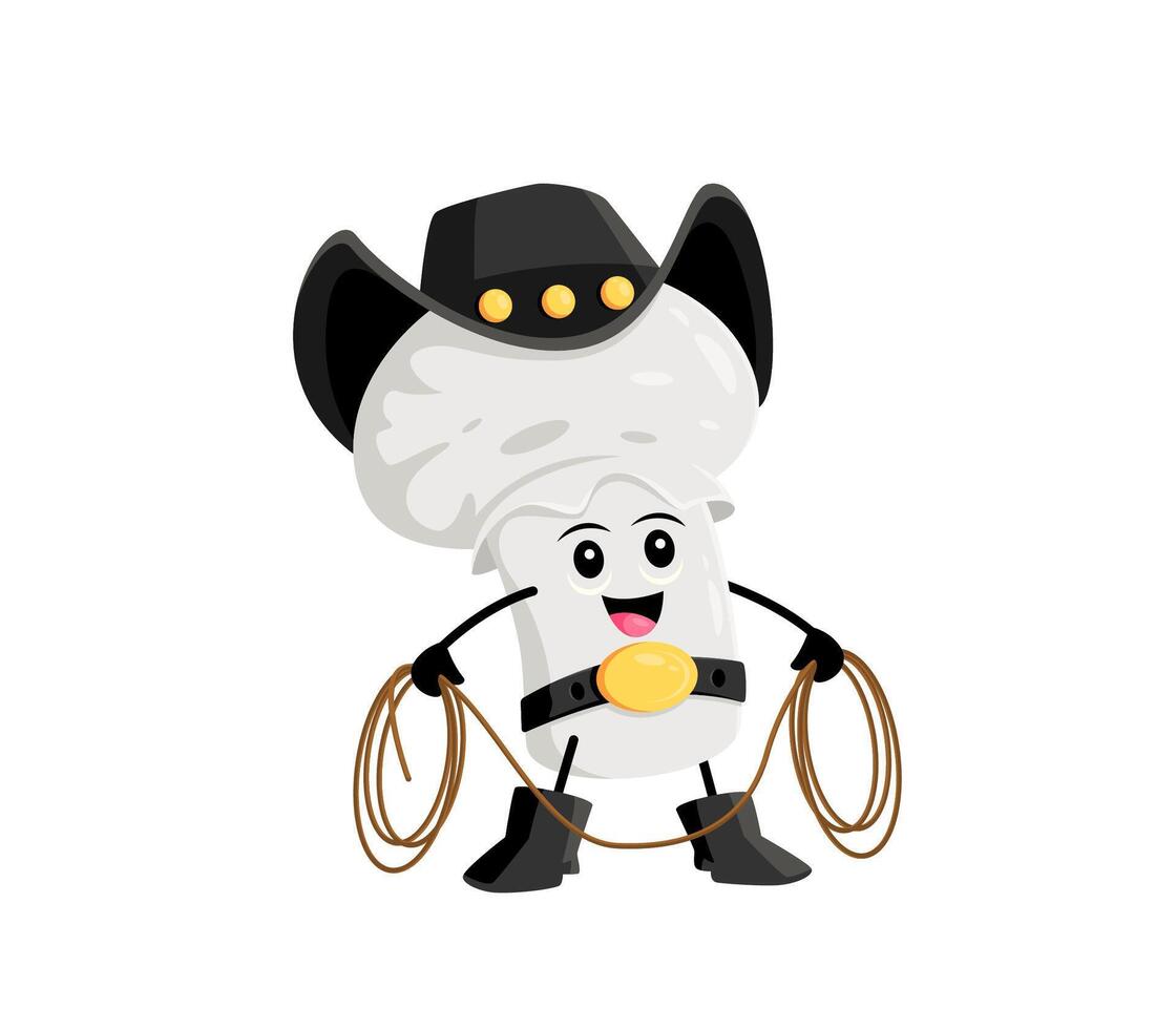 Cartoon champignon mushroom cowboy character vector