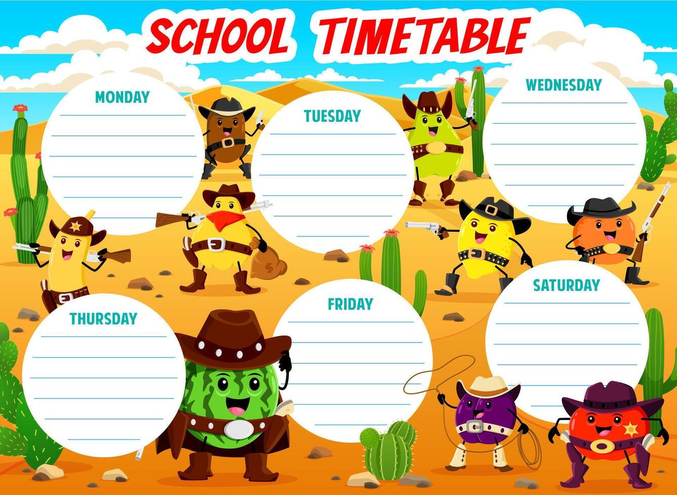 Timetable schedule with cowboy fruits characters vector