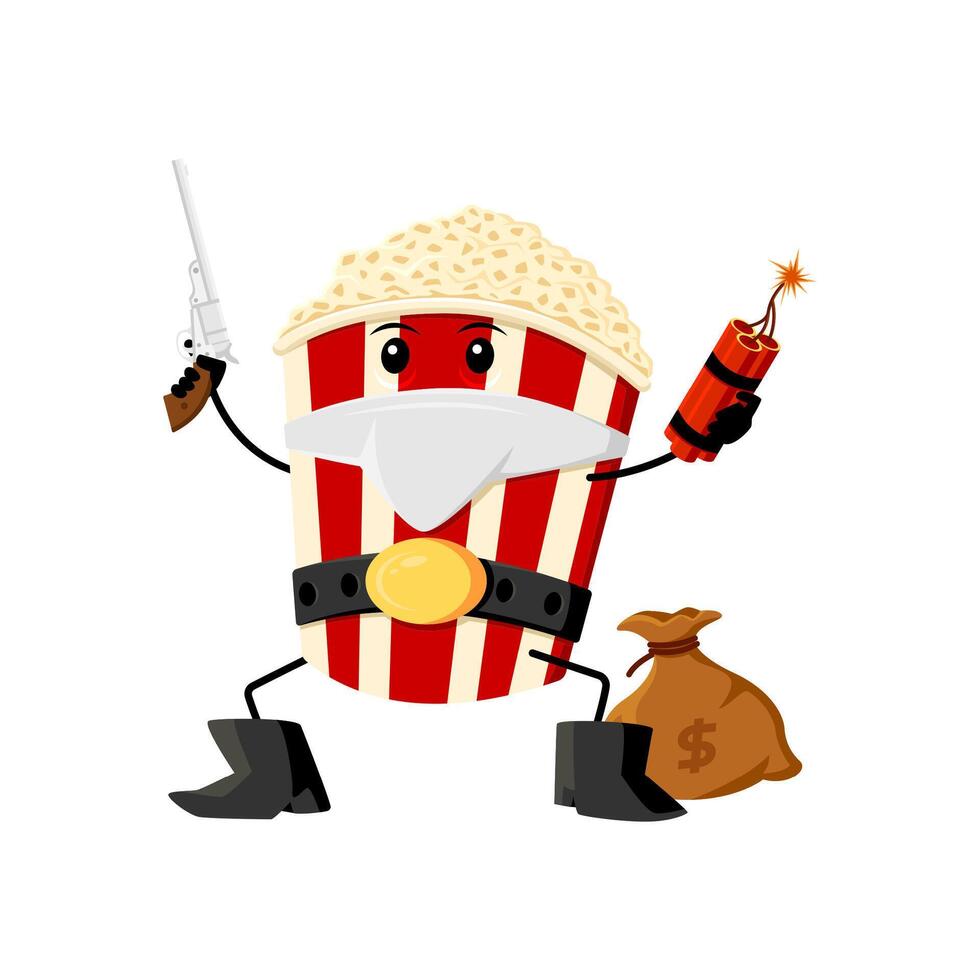 Cartoon fast food popcorn bandit, robber character vector