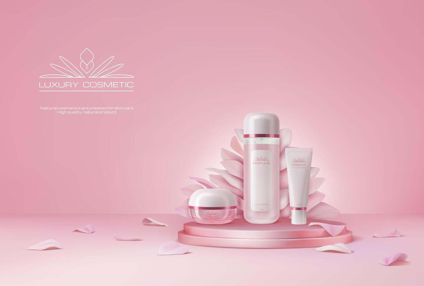 Pink podium with cosmetics and flower petals vector